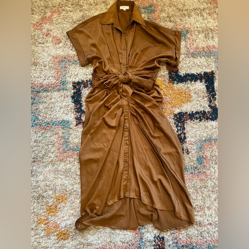 Mable brown gold maxi ruched tie dress size large